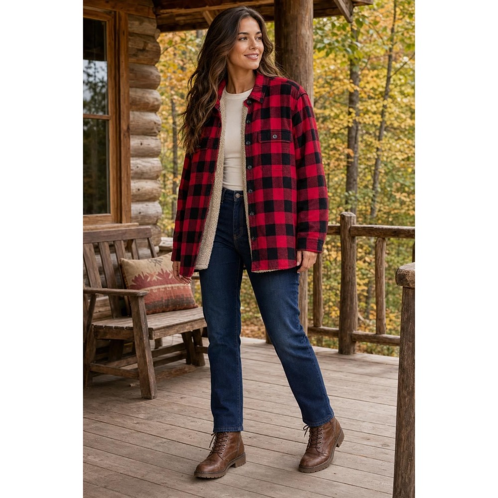 Eddie Bauer Shacket Women's XL Red Black Sherpa Lined Shirt Jacket Buffalo Plaid